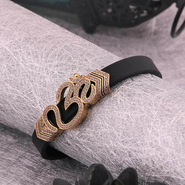 Eye-Catching Diamond OM Leather Belt Gold Plated Bracelet - Style A386