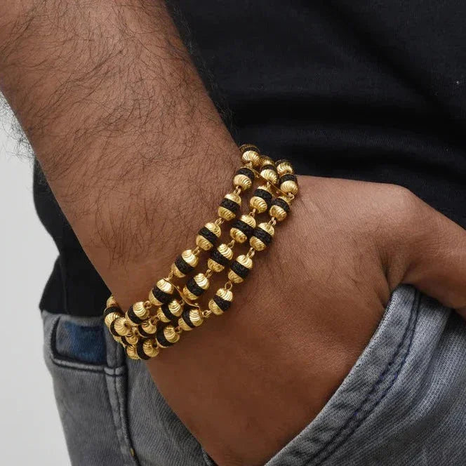 Attention-Getting Design 3 Line Gold Plated Rudraksha Bracelet for Men - Style B773 - Timecraze