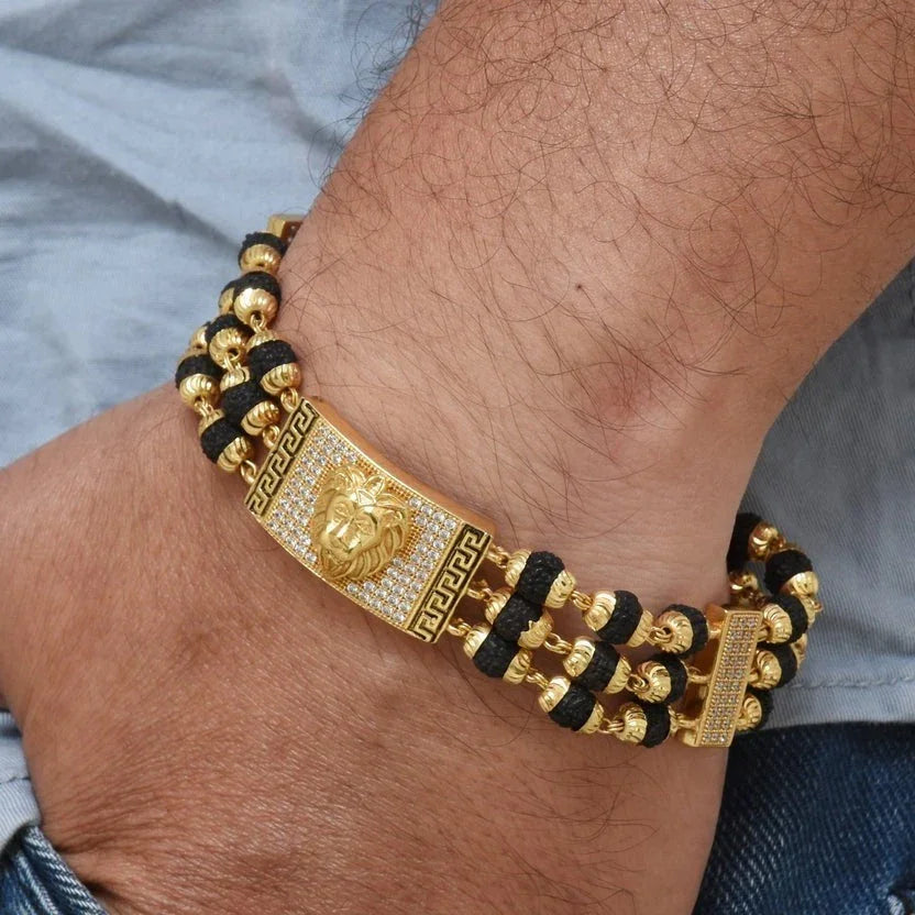 Lion Best Quality Durable Design Gold Plated Rudraksha Bracelet for Men - Style C736 - Timecraze