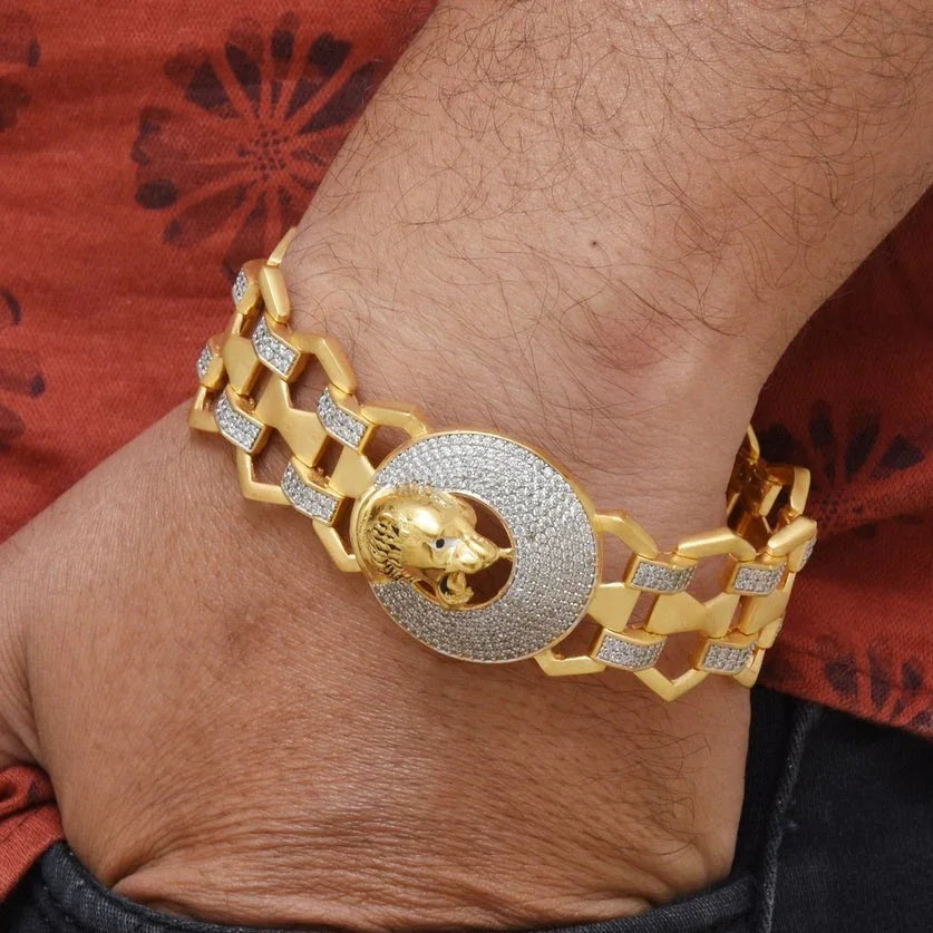 1 Gram Gold Plated Lion with Diamond Latest Design Bracelet for Men - Style C756 - Timecraze