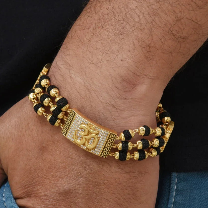 Om Etched Design High-Quality Gold Plated Rudraksha Bracelet for Men - Style C774 - Timecraze
