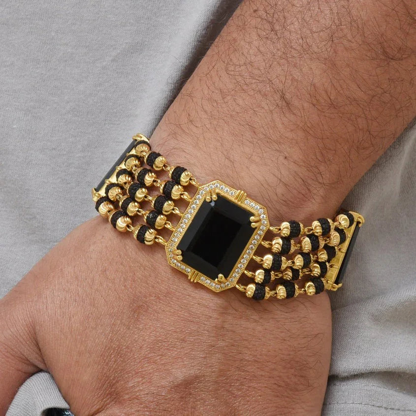 Black & Blue Stone Rudraksh with Diamond Latest Design Gold Plated Bracelet for Men - Style C730/29 - Timecraze