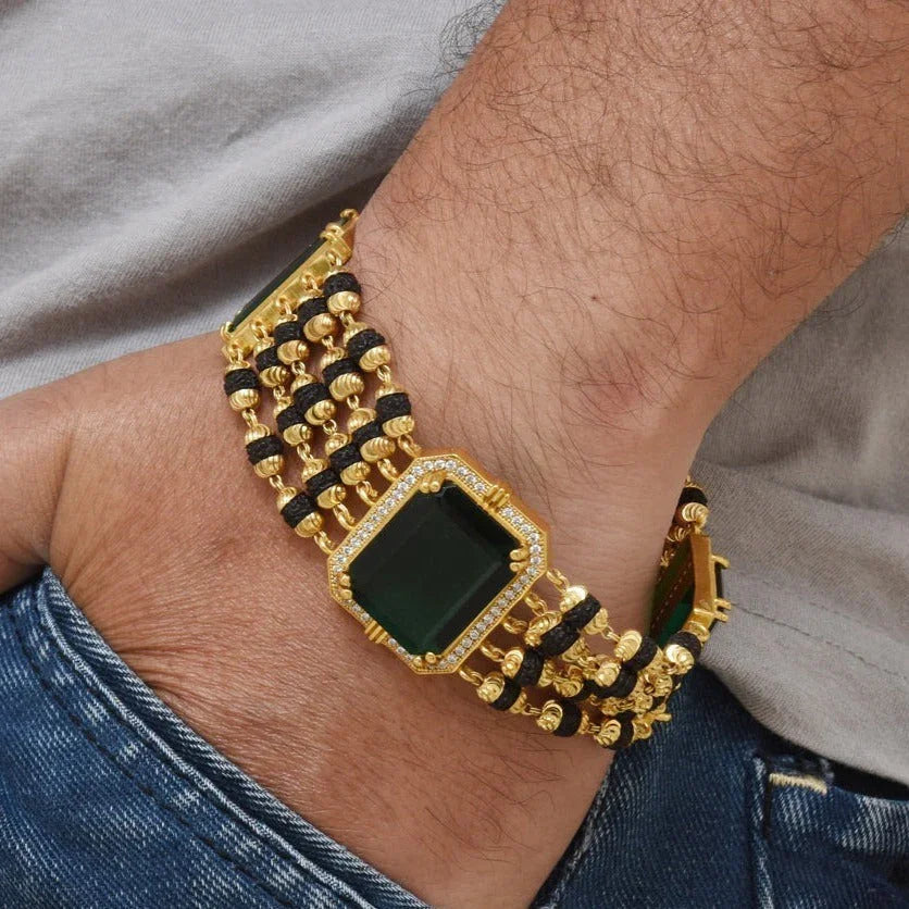 Green Stone Rudraksh with Diamond Best Quality Gold Plated Bracelet for Men - Style C727 - Timecraze