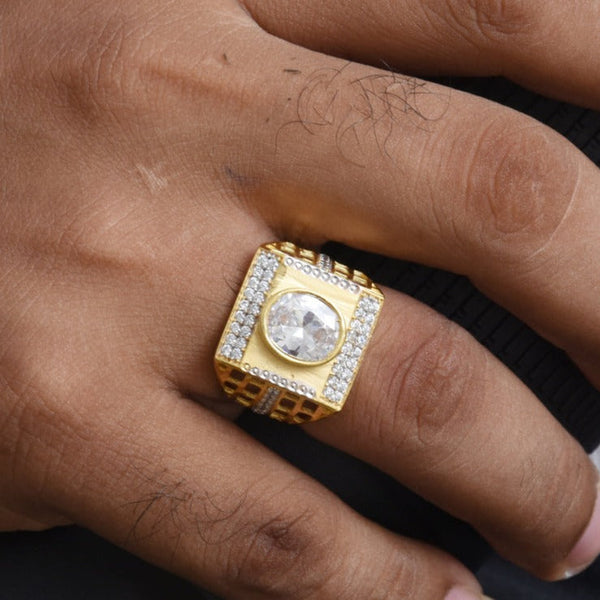 1 Gram Gold Plated Wihte with Diamond Glamorous Design Ring for Men - Style B379