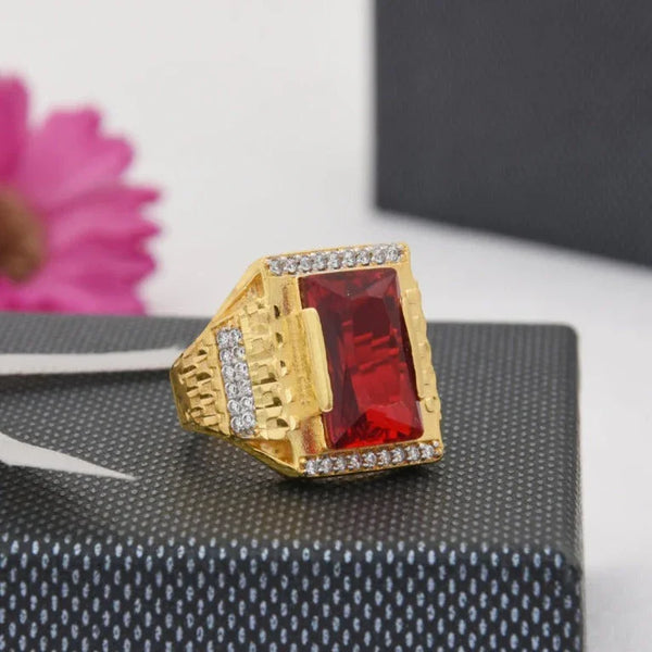 1 Gram Gold Plated Red Stone with Diamond Antique Design Ring for Men - Style B435 - Timecraze