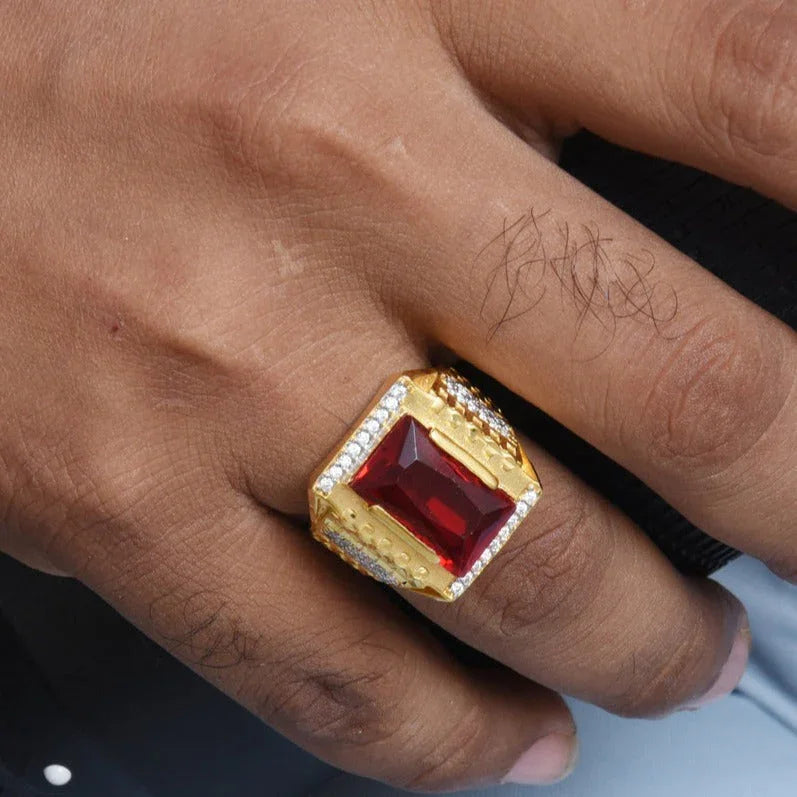 1 Gram Gold Plated Red Stone with Diamond Antique Design Ring for Men - Style B435 - Timecraze