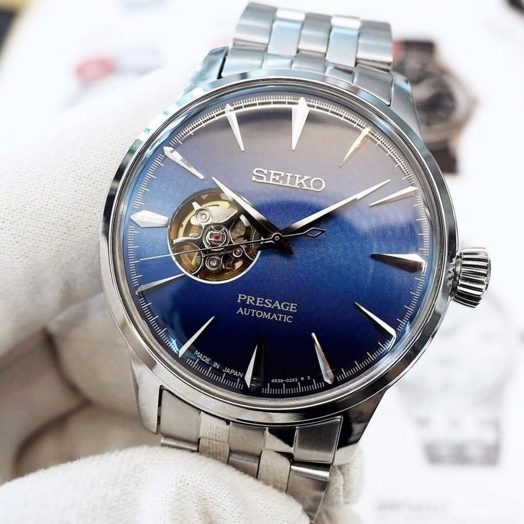 SK Premium Automatic Open Heart Watch - Blue Sunburst Dial with Steel Bracelet