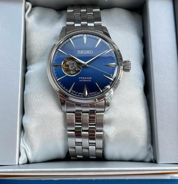 SK Premium Automatic Open Heart Watch - Blue Sunburst Dial with Steel Bracelet
